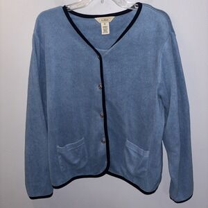 LL Bean Fleece Cardigan‎ Jacket Blue Contrast Trim Button Down Women's XL